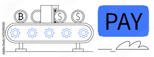 Conveyor belt moves cryptocurrency and cash toward payment processing. Ideal for fintech, automation, payment tech, cryptocurrency, banking, finance, innovation, simple flat metaphor