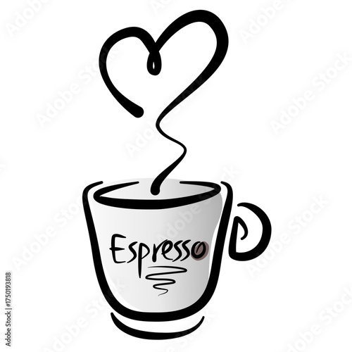 Whimsical Espresso Cup With Heart-Shaped Steam – Hand-Drawn Coffee Illustration for Cozy Moments