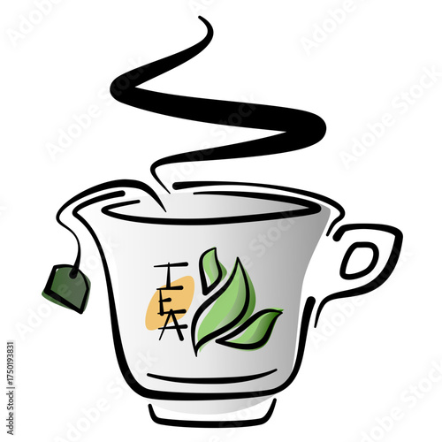 Artistic Teacup With Steam and Tea Leaves Design, Herbal Comfort and Cozy Beverage Theme