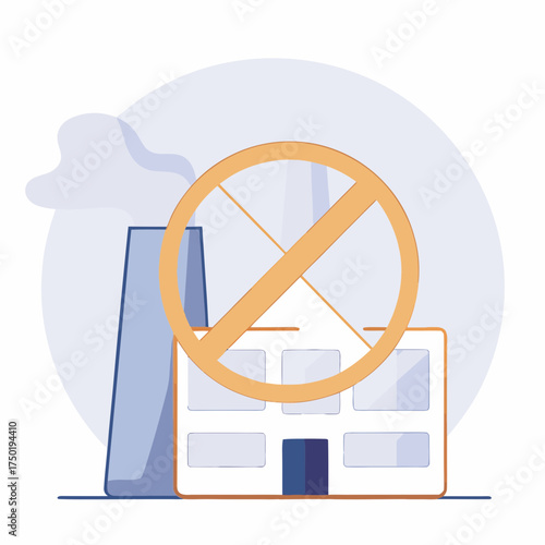 Minimal vector illustration of factory with crossed out smoke pollution sign