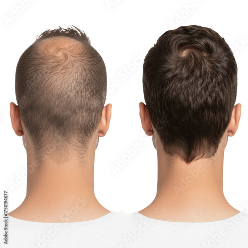 Digital oil painting of a man’s head showing before and after hair transplant, isolated on white background, symbolizing hair loss treatment, regrowth, and cosmetic transformation