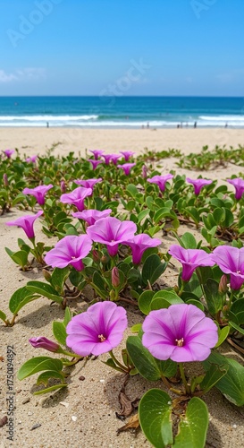 Delicate pink and purple beach flowers thrive resiliently in the warm, sun-drenched coastal sand, showcasing nature's vibrant beauty by the ocean ,coastal ,nature ,pink