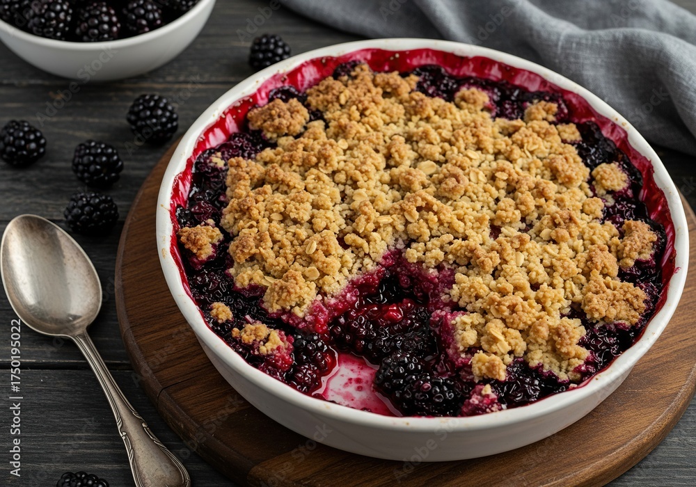 Warm, rustic blackberry crumble featuring juicy, dark berries beneath a golden, buttery oat topping, ideal for a comforting dessert ,tempting ,ripe ,textured