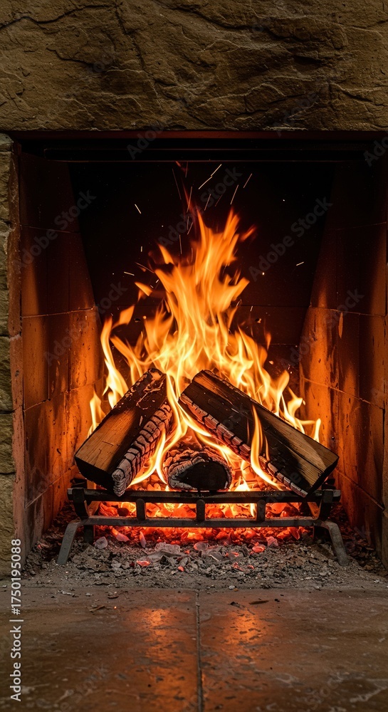 A vibrant hearth fire casting a warm, comforting glow within a rustic stone fireplace. Dancing flames provide tranquil warmth and light ,rustic ,hearth ,heat