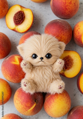A cute, fluffy pet with soft, peach-colored fur poses playfully amidst fresh, ripe peaches. Whimsical and charming ,cute ,domestic ,whimsical