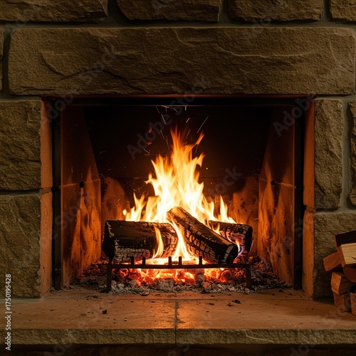 Soft, golden flames dance gently within a rustic stone fireplace, casting a warm, serene glow across a quiet, inviting space ,heat ,evening ,comfort