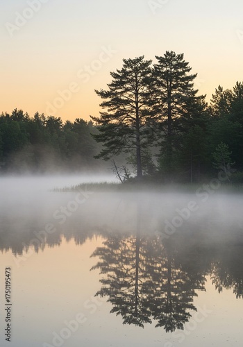 A tranquil morning mist hovers over a pristine forest lake, reflecting the soft sunrise glow. Evoking a sense of calm and natural vitality ,water ,landscape ,serene