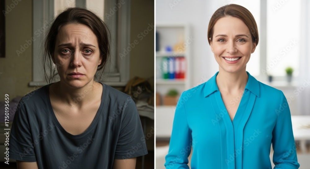 Obraz premium Woman's transformation from depression to happiness. Sad, lonely in a dark corner versus smiling and hopeful in sunlight. Mental health recovery concept.