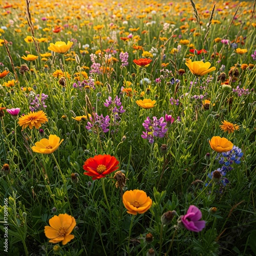 A vibrant meadow scene showcasing a diverse array of colorful wild flowers blooming naturally under warm sunlight, symbolizing nature's beauty ,outdoor ,blossom ,spring