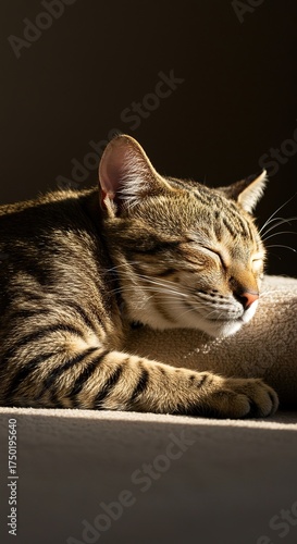 A tranquil domestic animal enjoys a peaceful nap bathed in warm sunlight, radiating serene comfort and ultimate relaxation on a soft surface ,leisure ,Sunny ,repose