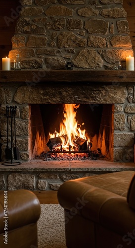Gentle flames dance in a rustic stone fireplace, casting a warm, inviting glow across a tranquil scene of domestic comfort and serene relaxation ,comforting ,rustic ,comfortable