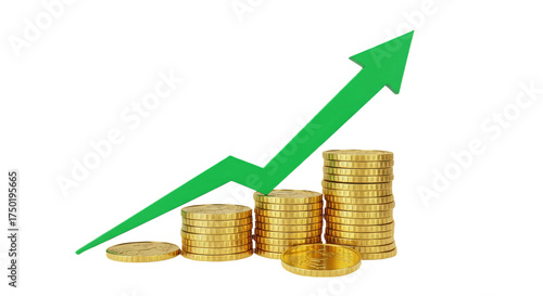 stack of golden coins with a green upward arrow isolated on white background, symbolizing financial growth, investment success, and economic progress