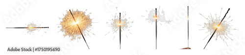 Sparkler set including burning, sparking, and glowing stages isolated. Festive celebration and party elements.