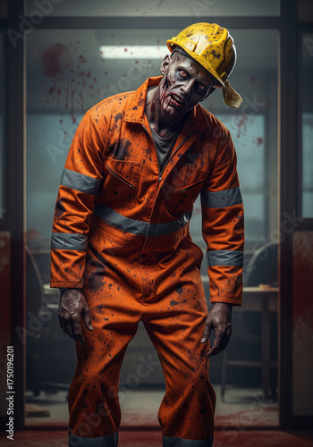 Terrifying zombie construction worker wearing a hardhat covered in blood, creating a chilling horror scene, perfect for Halloween themes and thrilling narratives