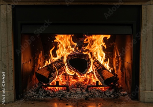 A mesmerizing blaze of burning logs fills an antique fireplace, offering comforting warmth and a quintessential home feeling ,elemental ,inviting ,hearth