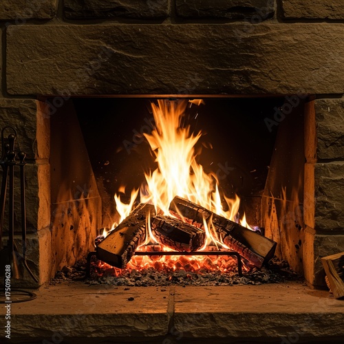 Soft, golden flames dance gently within a rustic stone fireplace, casting a warm, serene glow across a quiet, inviting space ,heat ,serene ,warmth