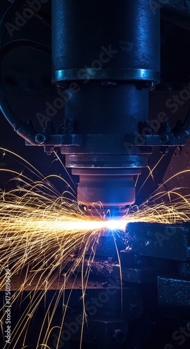 Intense blue light emanates from a focused industrial process, illuminating metalwork with bright sparks scattering. Protective elements are visible ,spark ,electric ,molten