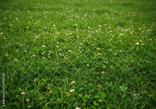 Lush green grass dotted with small, delicate wildflowers under a bright sky, creating a vibrant and serene natural meadow scene ,rural ,bloom ,idyllic