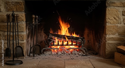 Intimate view of vintage fireplace tools meticulously tending to glowing embers within a rustic stone hearth, creating a tranquil home atmosphere ,tending ,bellows ,comfort