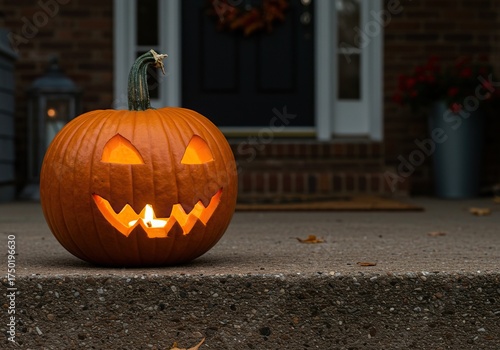 A friendly carved pumpkin sits on a porch step, ready to welcome trick-or-treaters and autumn visitors with a warm glow ,spooky ,porch ,warm