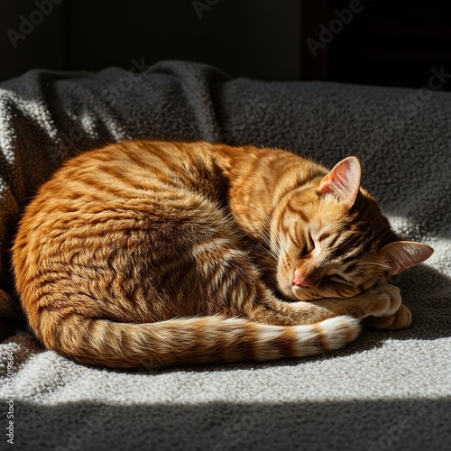 A beautiful ginger tabby cat is curled up in a sunbeam on a soft blanket, enjoying a peaceful afternoon nap. Serene and utterly tranquil ,warmth ,adorable ,repose