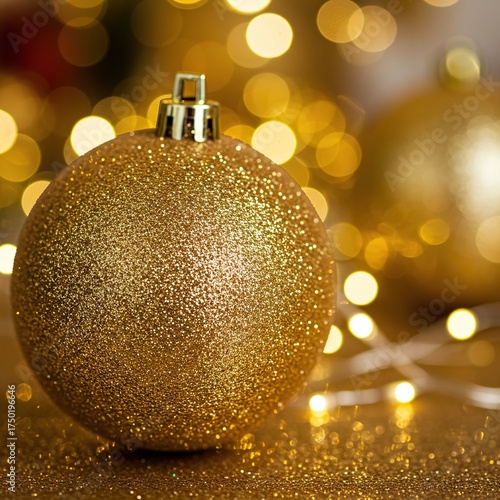 Close-up of a shimmering golden bauble, adorned with glitter and reflecting blurred festive lights, evoking a magical holiday atmosphere ,warm ,round ,bauble
