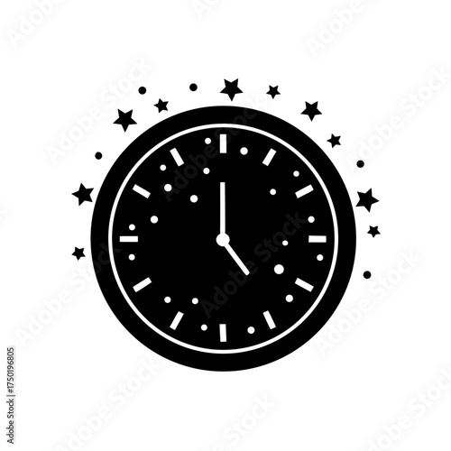 Clock face with stars around it on transparent background