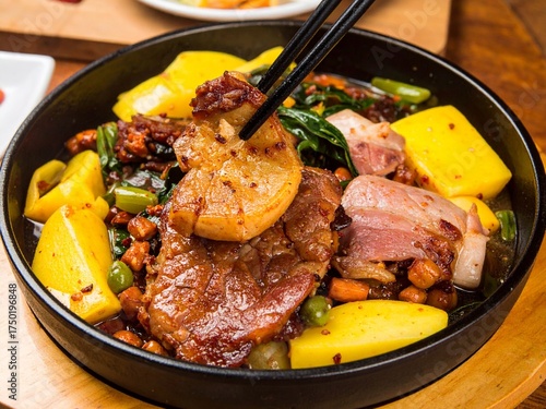 Asian stir-fry meat and potatoes served in hot pan – delicious traditional Asian cuisine
