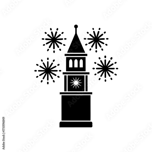 Tower with fireworks around it on transparent background