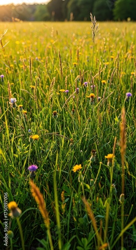 Vibrant meadow of wild grasses intermingled with colorful wildflowers under warm sunlight, creating a serene natural carpet ,light ,field ,floral