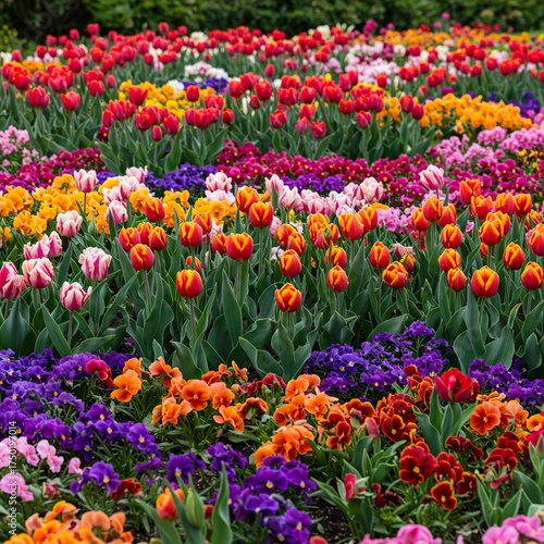 A colorful and vibrant flowerbed in full bloom, showcasing a delightful array of diverse blossoms under natural light. Perfect for spring ,flowerbed ,array ,environment