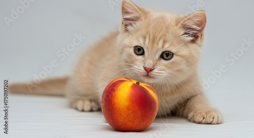 A small, fluffy animal, possibly a kitten or puppy, with gentle peach-colored fur, curiously sniffing a fresh, ripe peach fruit. Sweet and adorable ,snack ,domestic ,innocence