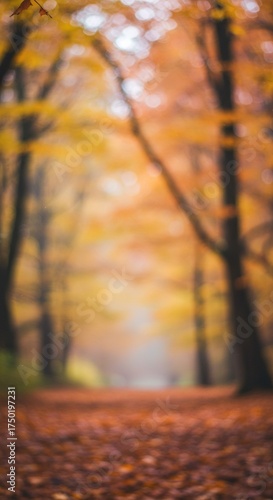 A soft focus autumn landscape capturing the essence of fall colors in a dreamy, impressionistic style. Gentle light diffuses through blurred foliage ,light ,impressionistic ,warm