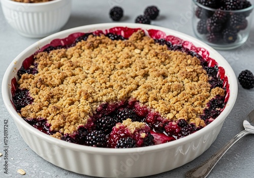 Warm, rustic blackberry crumble featuring juicy, dark berries beneath a golden, buttery oat topping, ideal for a comforting dessert ,sugar ,homemade ,fruit