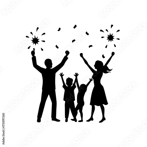 Family celebrating with fireworks on transparent background