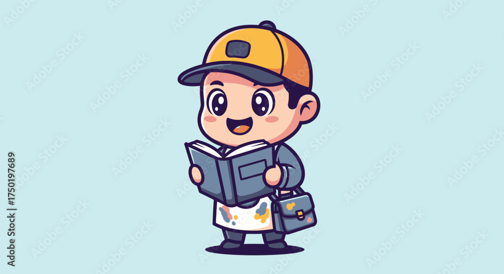 Fototapeta premium Cartoon of a boy reading, wearing an apron and a cap