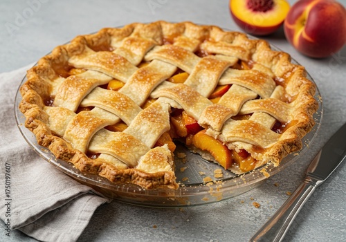 A classic, freshly baked peach pie with a golden, flaky lattice crust, brimming with sweet, juicy peach slices. Perfect summer dessert ,fresh ,warm dessert ,pie