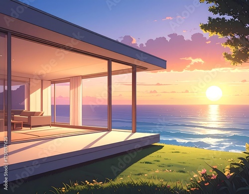 A minimalist house with large windows overlooking a calm ocean at sunset, soft warm light, elegant interior, modern architecture, make size 5 megabyte or above, anime style.