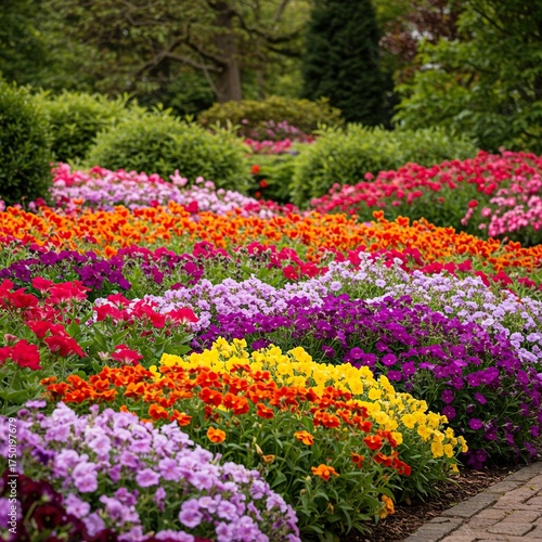 A lush, vibrant flowering garden bursts with a kaleidoscope of colorful blossoms, creating a peaceful and picturesque natural landscape ,green ,bloom ,petals