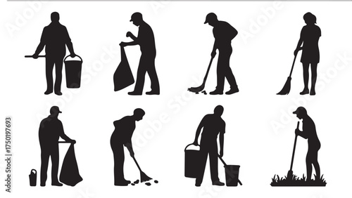 Set of silhouette sanitation worker icons vector illustration of cleaning and maintenance staff isolated on white background