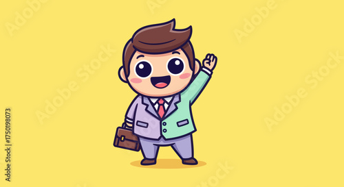 Photography Happy cartoon businessman in two-tone suit, waving, holds briefcase