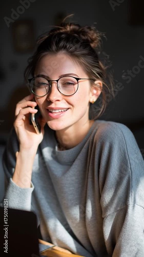 Young businesswoman sitting at a desk with a laptop, smiling and looking at the camera while talking on the phone