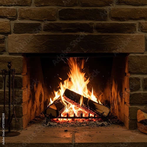 Soft, golden flames dance gently within a rustic stone fireplace, casting a warm, serene glow across a quiet, inviting space ,warm ,soft ,home