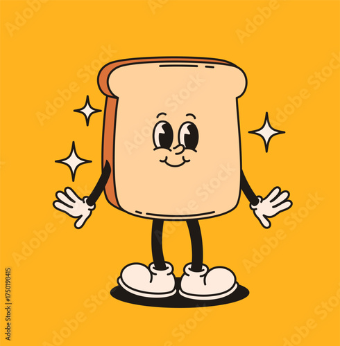 Cute groovy piece of bread character in retro style. Flat vector illustration.