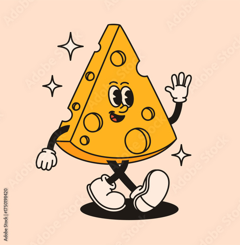 Groovy slice of cheese character in retro style. Flat vector illustration.