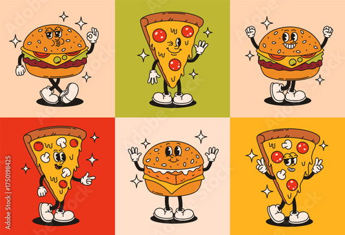 A set of groovy pizza and burger characters in retro style. Flat vector illustration.