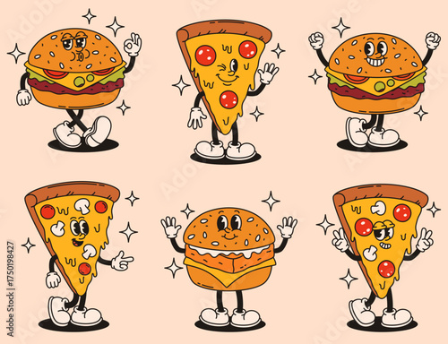 Set of cute groovy pizza and burger characters in retro style. Flat vector illustration.