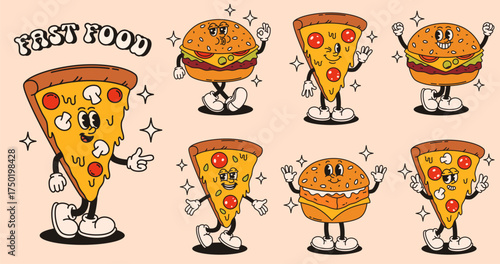 Set of groovy pizza and burger characters. Flat vector illustration.
