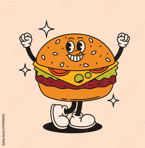 Groovy burger character. Flat vector illustration.