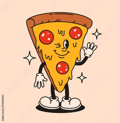 Groovy pizza character. Flat vector illustration.